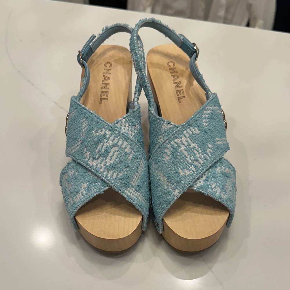 CHANEL Light Blue Tweed Sandals